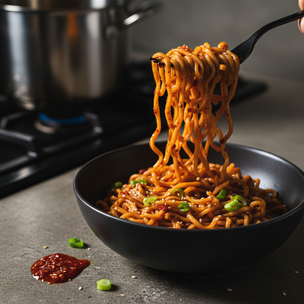 A close-up, photographic realism shot of a bowl of spicy noodles, twisted high on a glossy black fork, coated in a fiery red chili-garlic sauce that glistens under the light. The noodles sit in a matte charcoal ceramic bowl on a concrete countertop, surrounded by scattered sliced green onions, sesame seeds, and a small puddle of sauce. Harsh, dramatic side lighting from the right creates strong contrast and sharp shadows, emphasizing the glossy texture of the sauce. The background is dark and softly blurred, with the hint of a stove and a stainless-steel pot out of focus, giving a quick weeknight kitchen feel. The composition is tight and dynamic, with the fork angled diagonally across the frame, highlighting bold, in-your-face flavor.