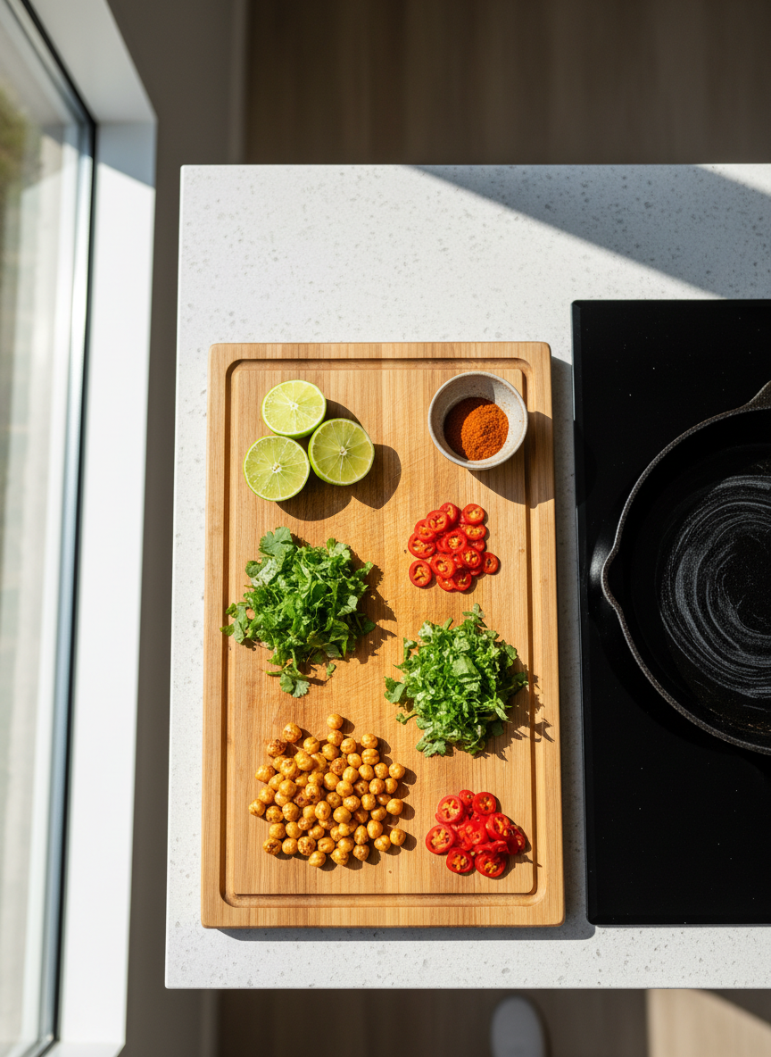 A photographic top-down view of a minimalist kitchen counter set up for a fast, flavor-packed meal prep: a large wooden cutting board with neatly arranged bright ingredients—halved limes, a pile of chopped cilantro, glistening roasted chickpeas, sliced red chili, and a small bowl of smoky paprika. Nearby, a preheated cast-iron skillet sits on an induction cooktop, its surface shimmering with hot oil. Natural daylight streams from a nearby window, casting crisp, defined shadows and making the colors pop. The mood is energetic and organized, suggesting quick but intentional cooking. The composition uses clean lines and negative space, with a modern, blog-friendly aesthetic and a sharp focus that lets viewers almost feel the textures of every ingredient.