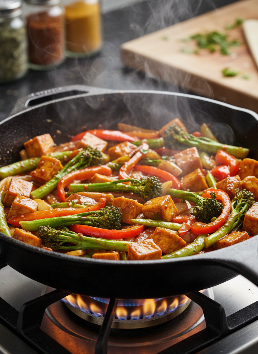 A photographic, cinematic close-up of a cast-iron skillet filled with vibrant stir-fried vegetables and tofu, each piece seared with dark caramelized edges and glossed in a sticky, spicy-sweet sauce. Steam rises dramatically from the pan, catching the light. The skillet rests on a gas stove grate, with bright orange flames just visible below. Overhead kitchen lighting and a subtle side light combine to create sharp highlights on the sauce and deep shadows in the pan’s ridges. The background shows a blurred hint of spice jars and a cutting board, reinforcing the home-cooking context. Composed from a three-quarter angle with shallow depth of field, the mood is bold, fast, and full of movement, as if the dish has just been tossed seconds before the shot.