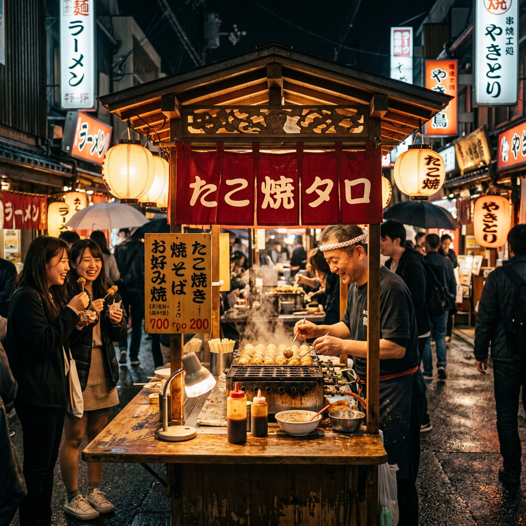 Street vendor cooking takoyaki with customers enjoying the food at night market